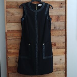 Calvin Klein S Black Sheath Dress Office Business Chic Faux Leather Trim